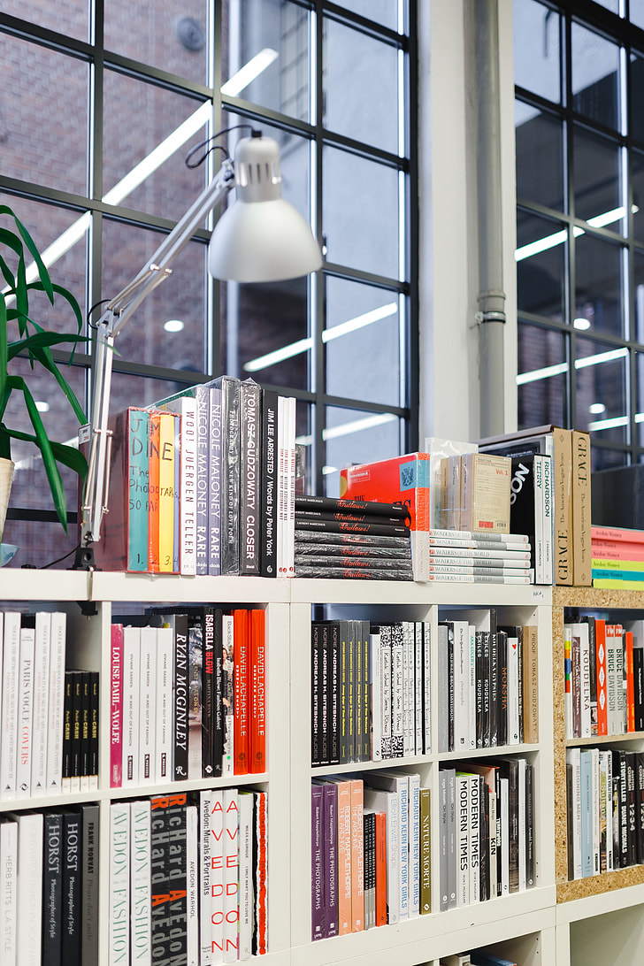 Shelves of books in a bookstore display.